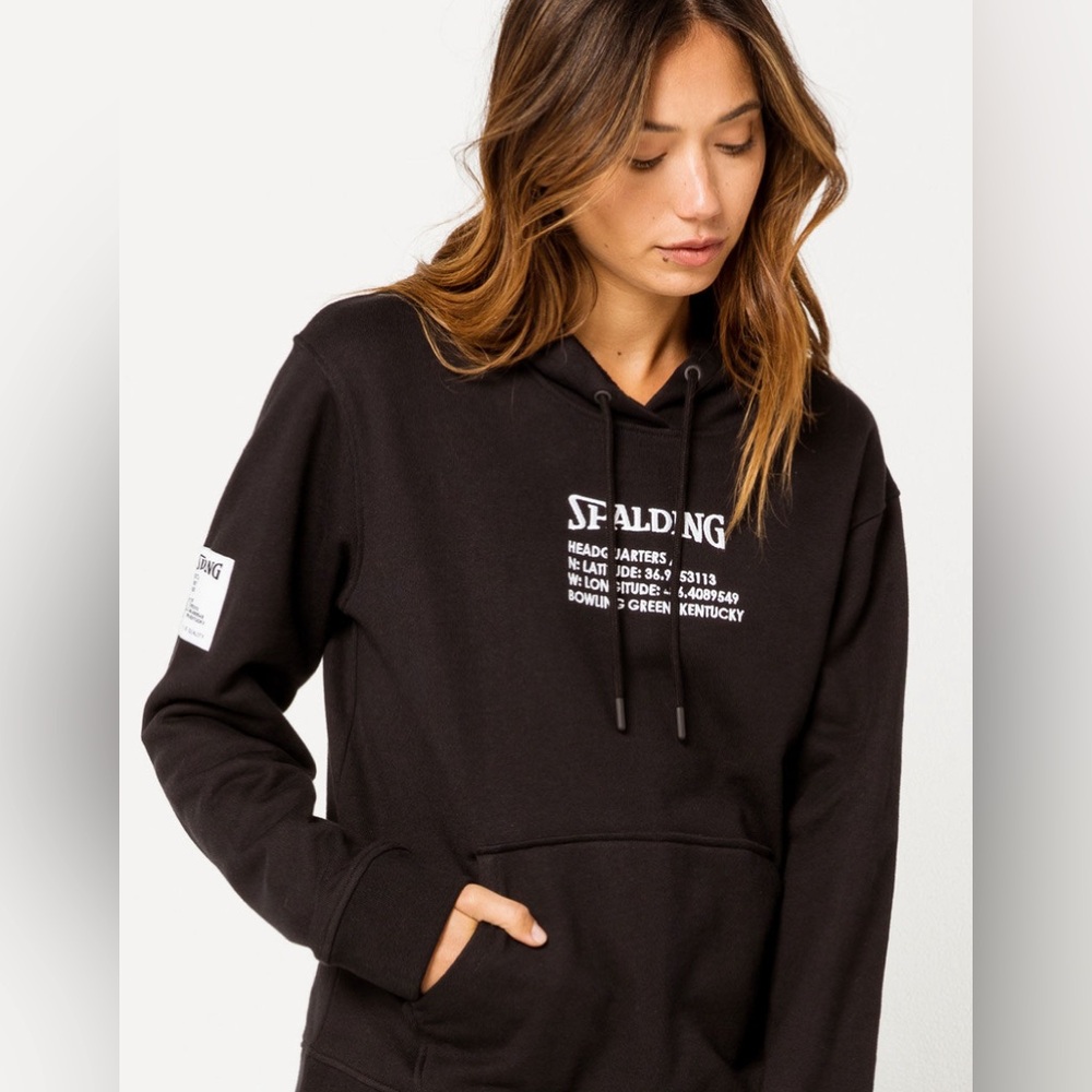 SPALDING Headquarters Women’s Hoodie Black White Embroidered Print Sweatshirt M